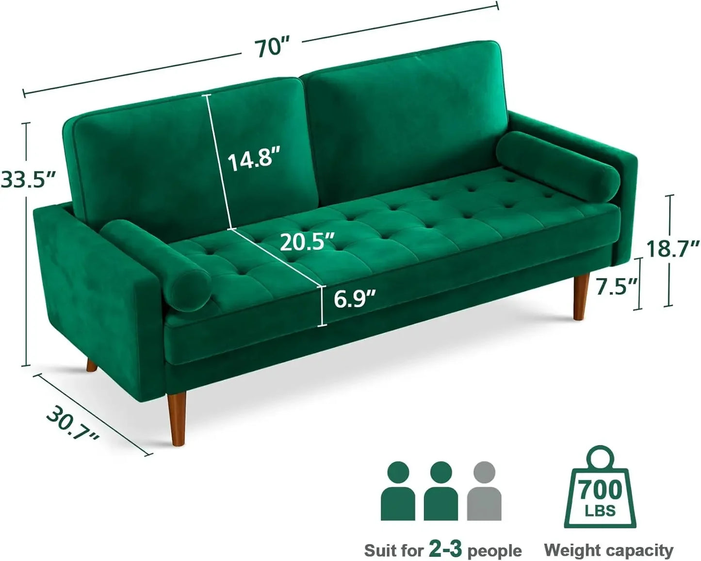 Green Velvet Couch with Tufted Seat Mid Century