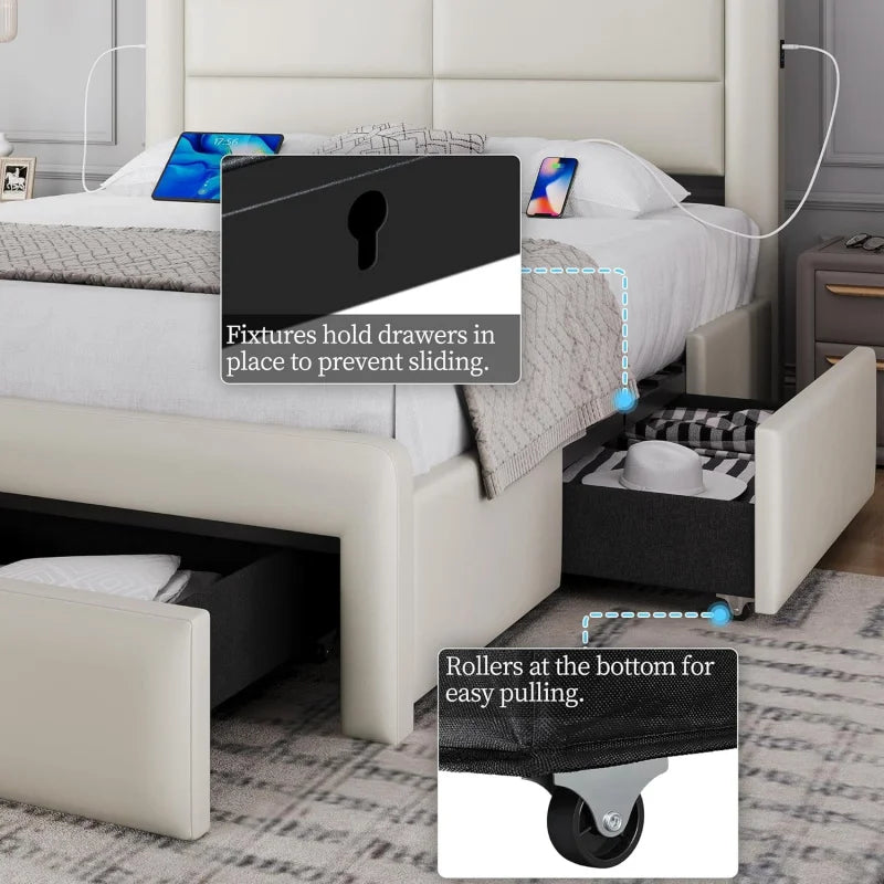 Queen Size Bed Frame With 2 USB Charging Station/Port