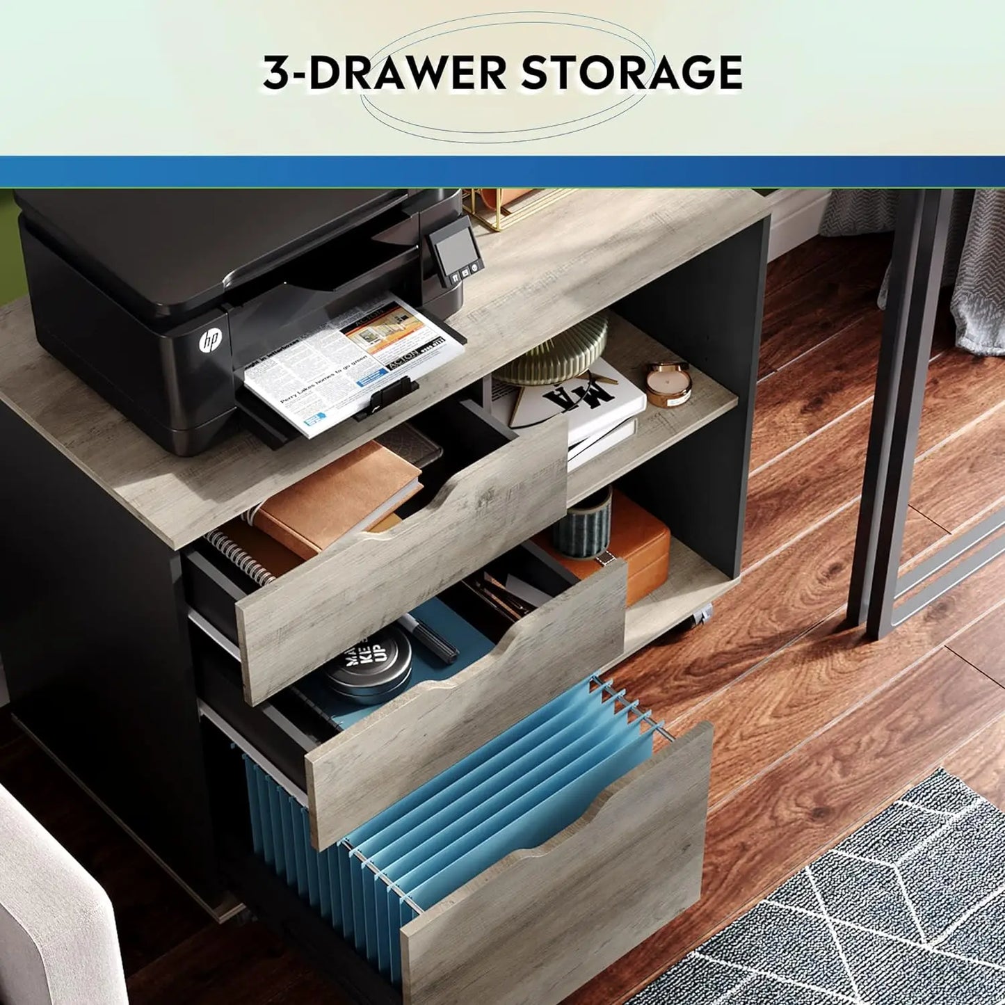 3-Drawer Filing Cabinet, Printer Stand with Open Storage