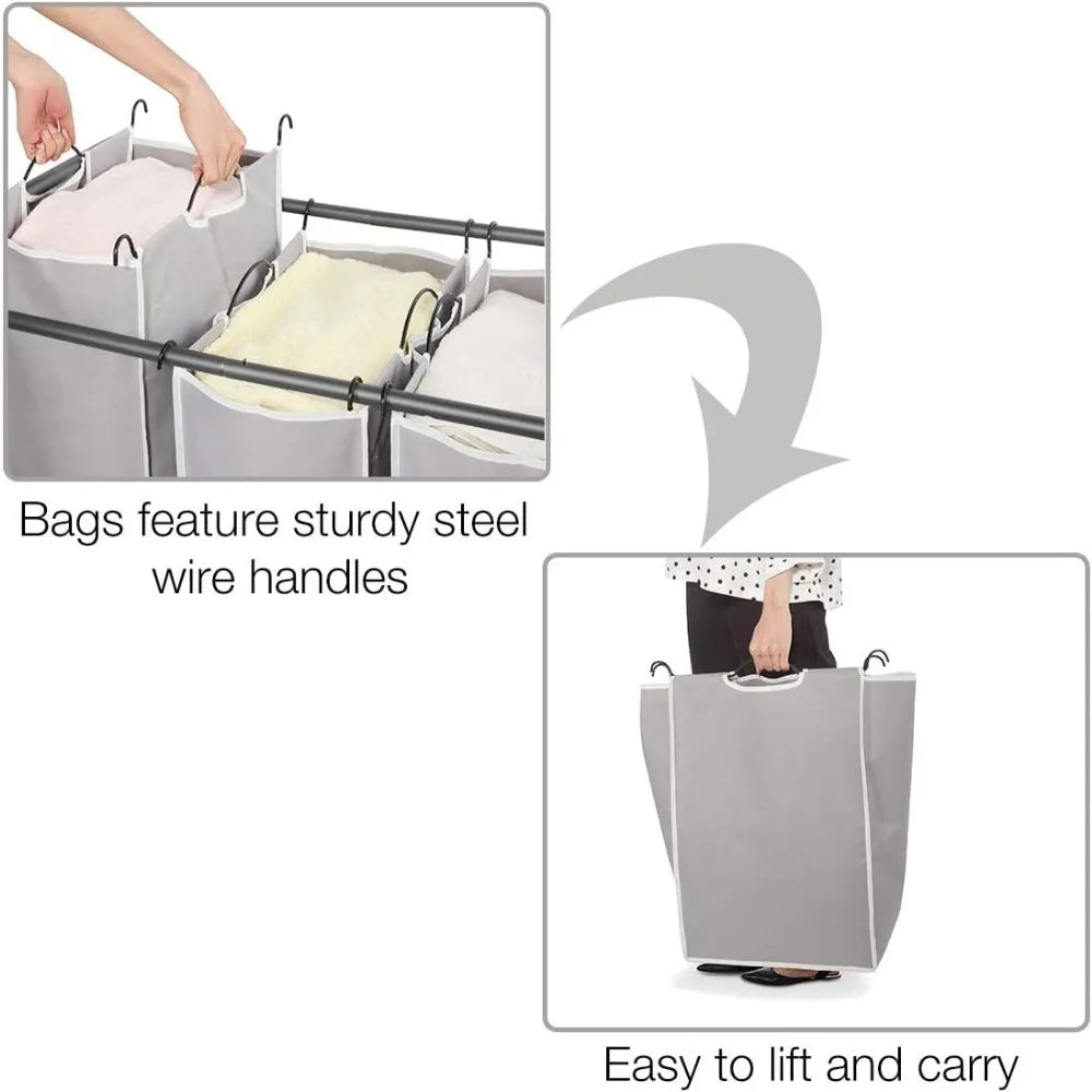 3 Section Laundry Sorter with Rolling Lockable Wheels