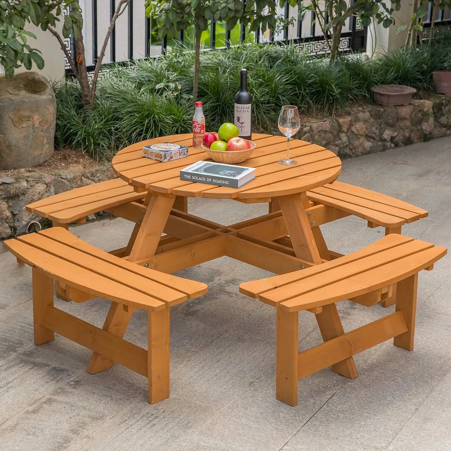 Outdoor Patio Garden Round Picnic Table with Bench