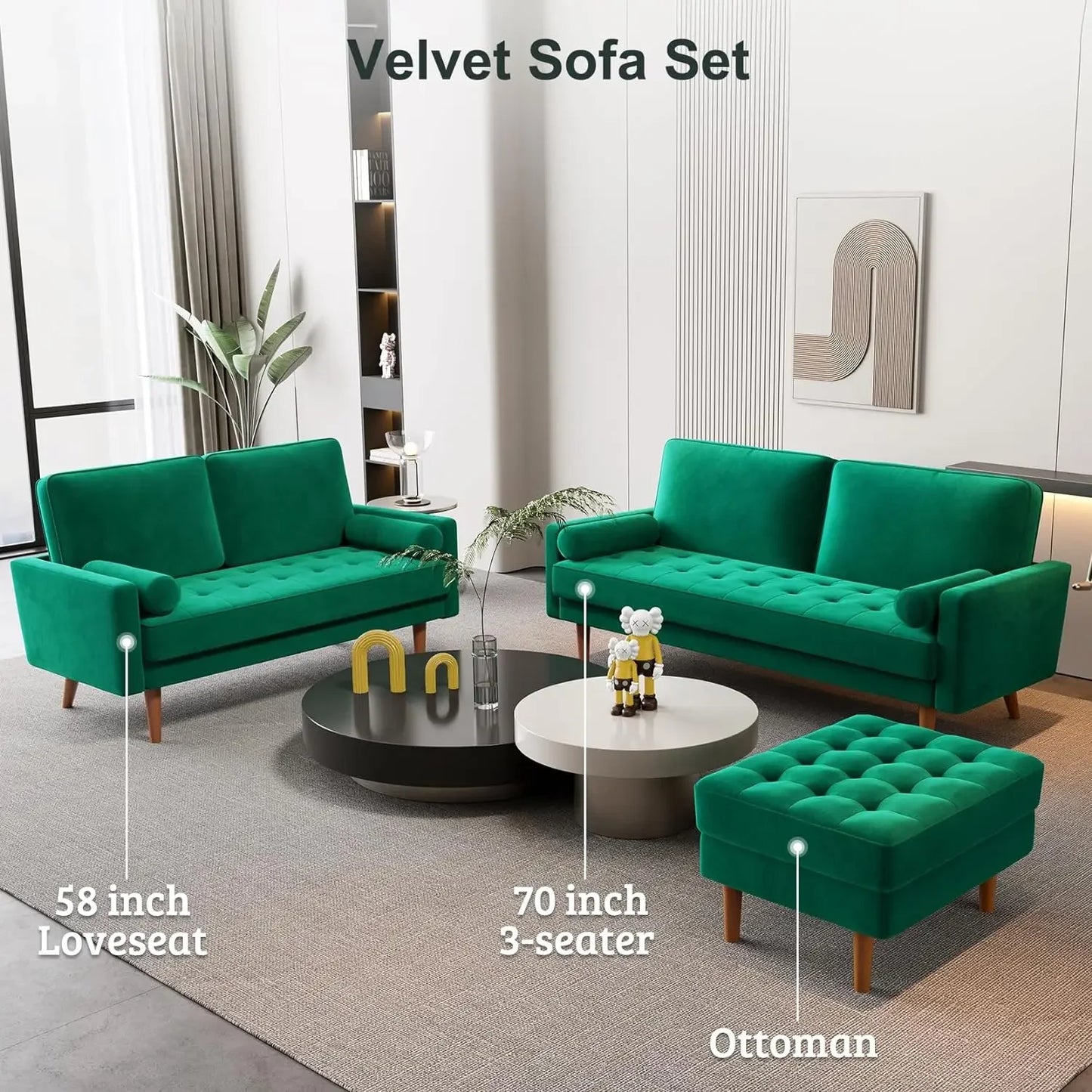 Green Velvet Couch with Tufted Seat Mid Century