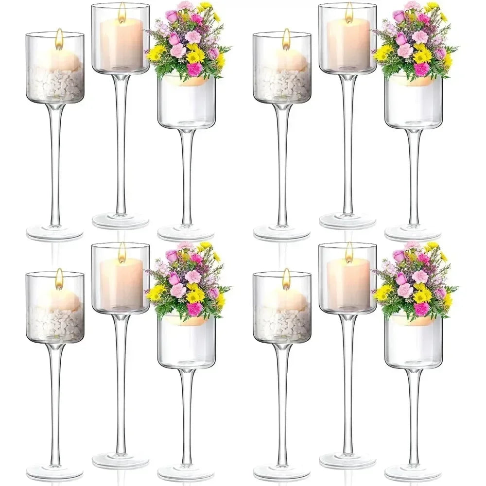 12 Pcs Glass Candle Holder Tall Long Stem