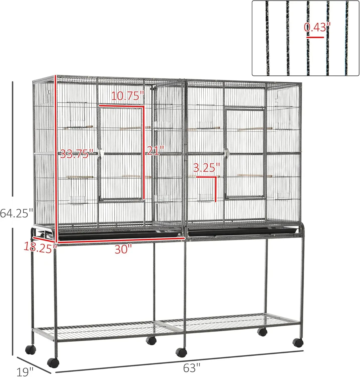 65" Double Rolling Metal Bird Cage Detachable Rolling Stand