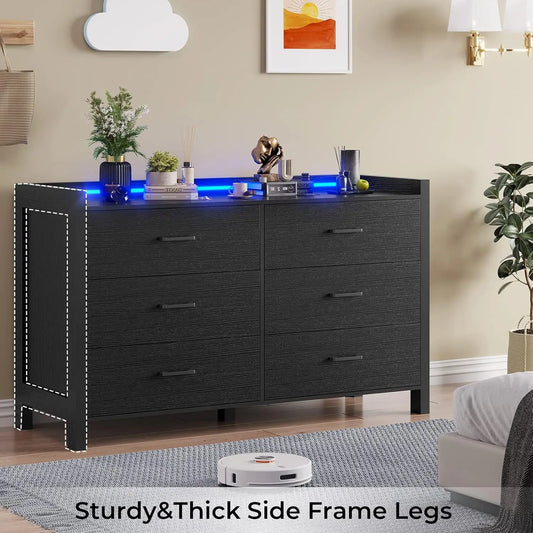 Black Dresser for Bedroom with LED Lights, Large Capacity Wooden Storage Cabinet, Chest of 6 Drawers Dresser